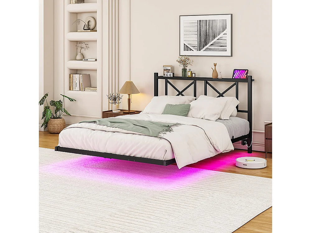 Cadre de lit double avec éclairage LED et station de recharge avec tête de lit, cadre de lit suspendu, métal - 120x200 cm