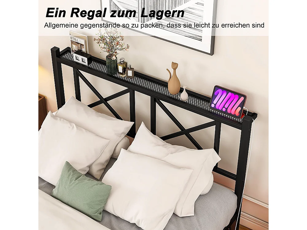 Cadre de lit double avec éclairage LED et station de recharge avec tête de lit, cadre de lit suspendu, métal - 120x200 cm