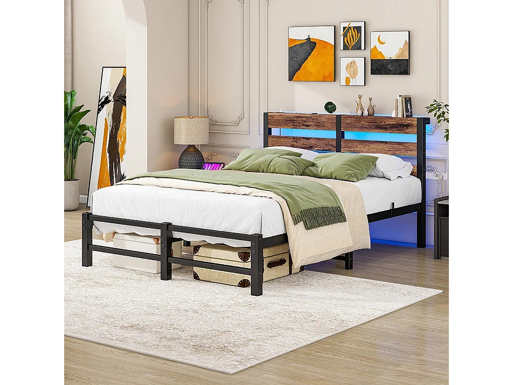 Lit adulte, avec éclairage LED et station de recharge USB, structure métallique, matelas non inclus, marron - 120 x 200 cm