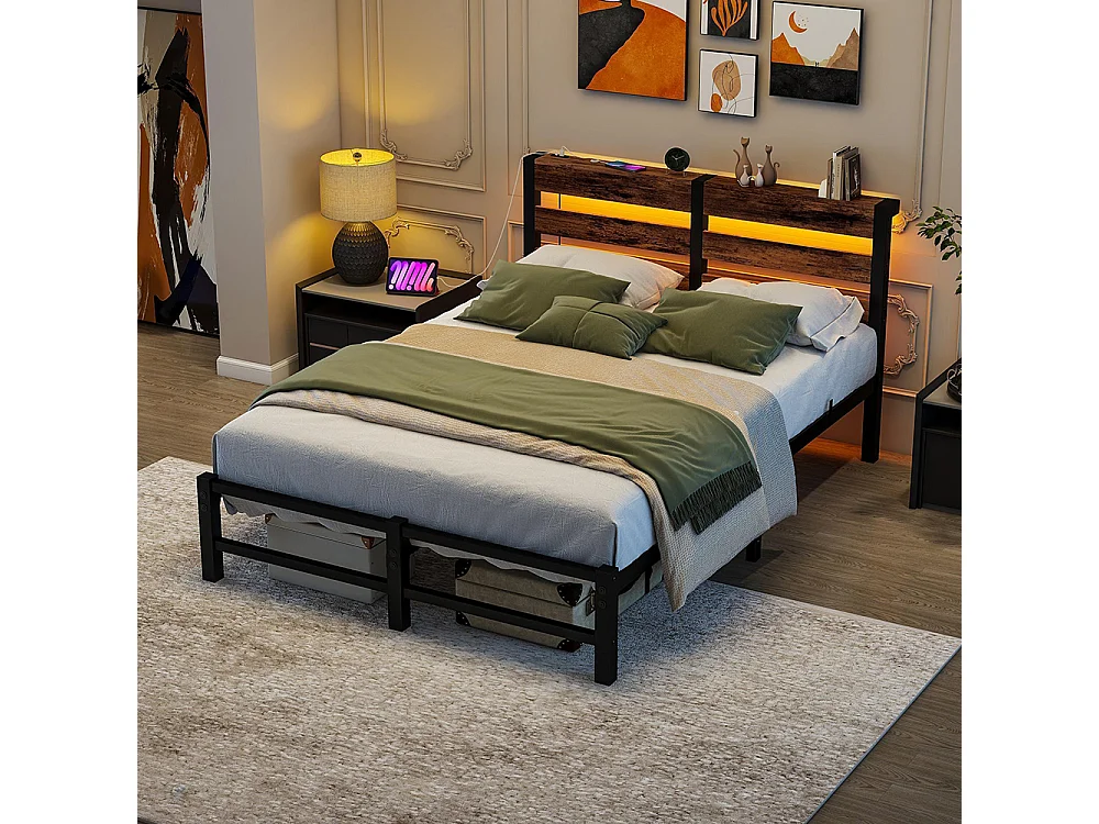 Lit adulte, avec éclairage LED et station de recharge USB, structure métallique, matelas non inclus, marron - 120 x 200 cm