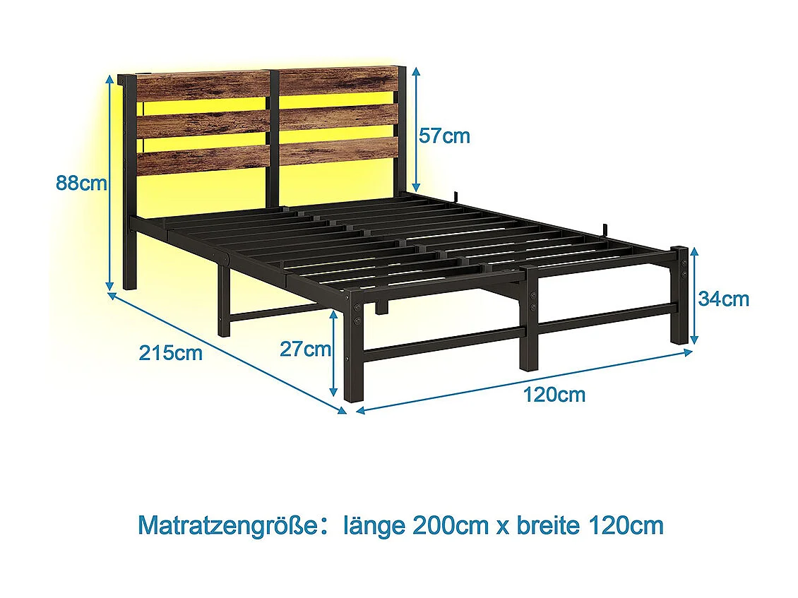 Lit adulte, avec éclairage LED et station de recharge USB, structure métallique, matelas non inclus, marron - 120 x 200 cm
