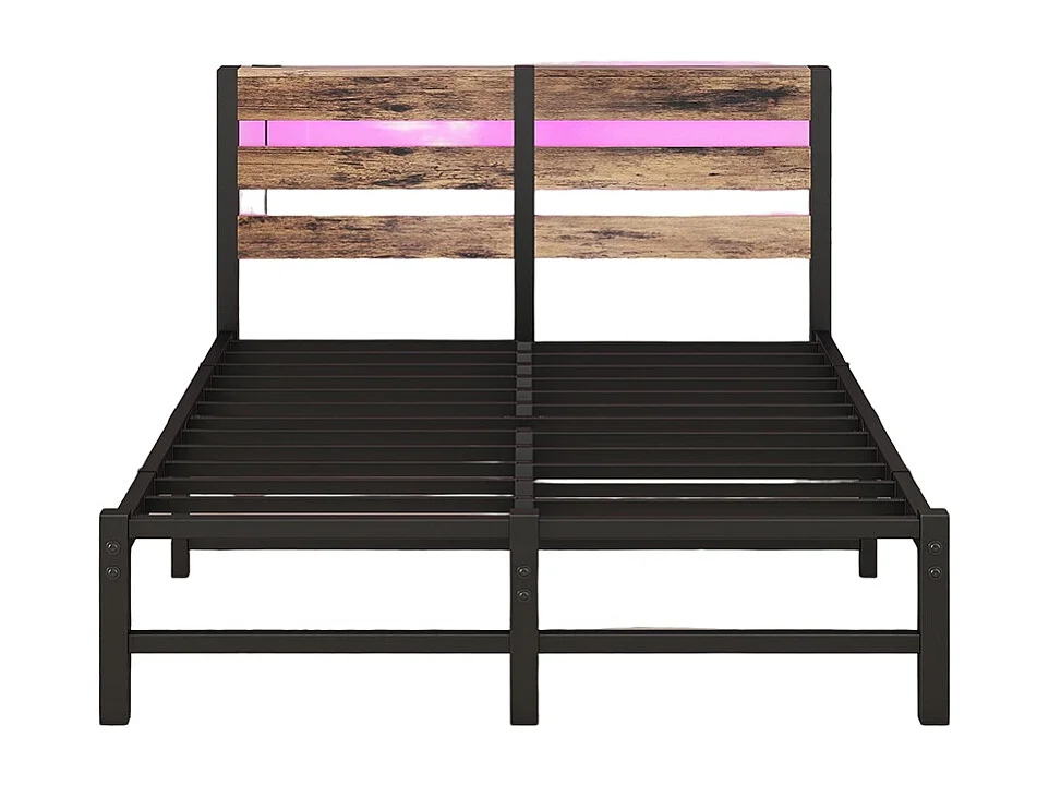 Lit adulte, avec éclairage LED et station de recharge USB, structure métallique, matelas non inclus, marron - 120 x 200 cm