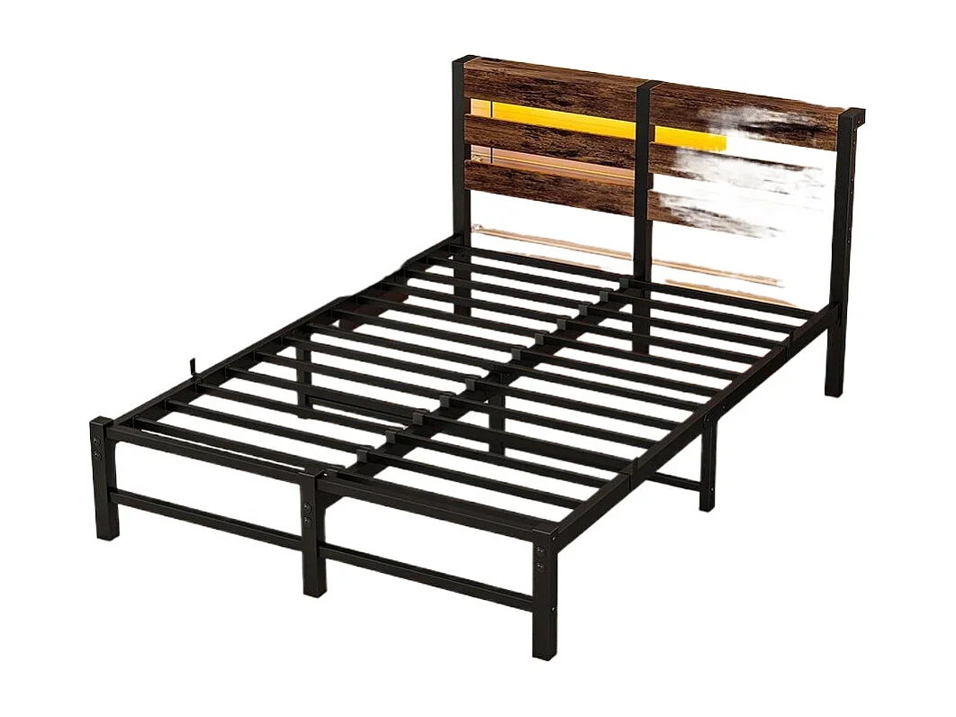 Lit adulte, avec éclairage LED et station de recharge USB, structure métallique, matelas non inclus, marron - 120 x 200 cm