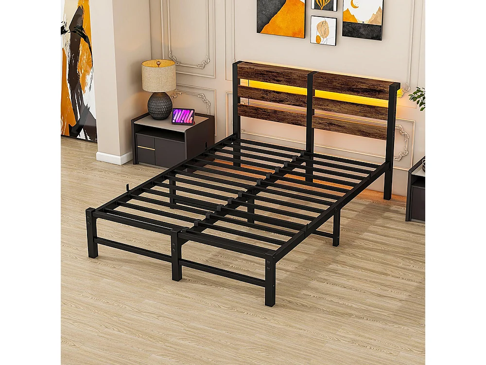 Lit adulte, avec éclairage LED et station de recharge USB, structure métallique, matelas non inclus, marron - 120 x 200 cm