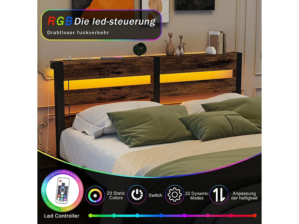 Lit adulte, avec éclairage LED et station de recharge USB, structure métallique, matelas non inclus, marron - 120 x 200 cm