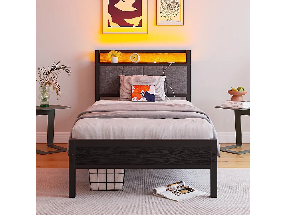 Lit adulte avec éclairage LED intelligent et ports USB, structure métallique, noir - 90 x 200 cm