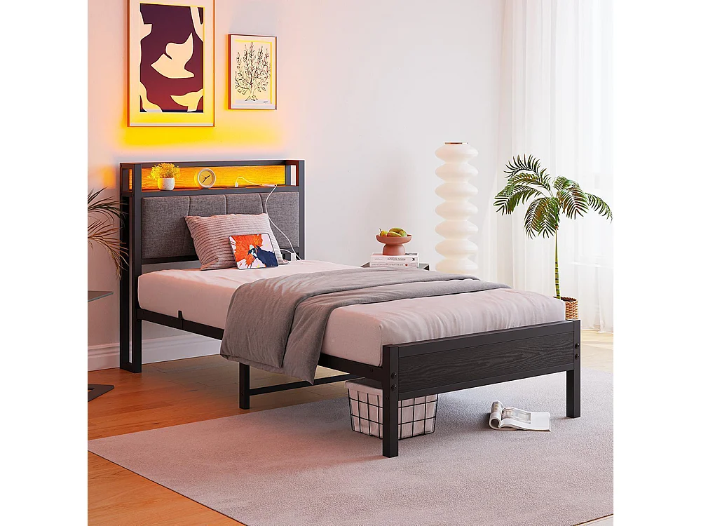 Lit adulte avec éclairage LED intelligent et ports USB, structure métallique, noir - 90 x 200 cm