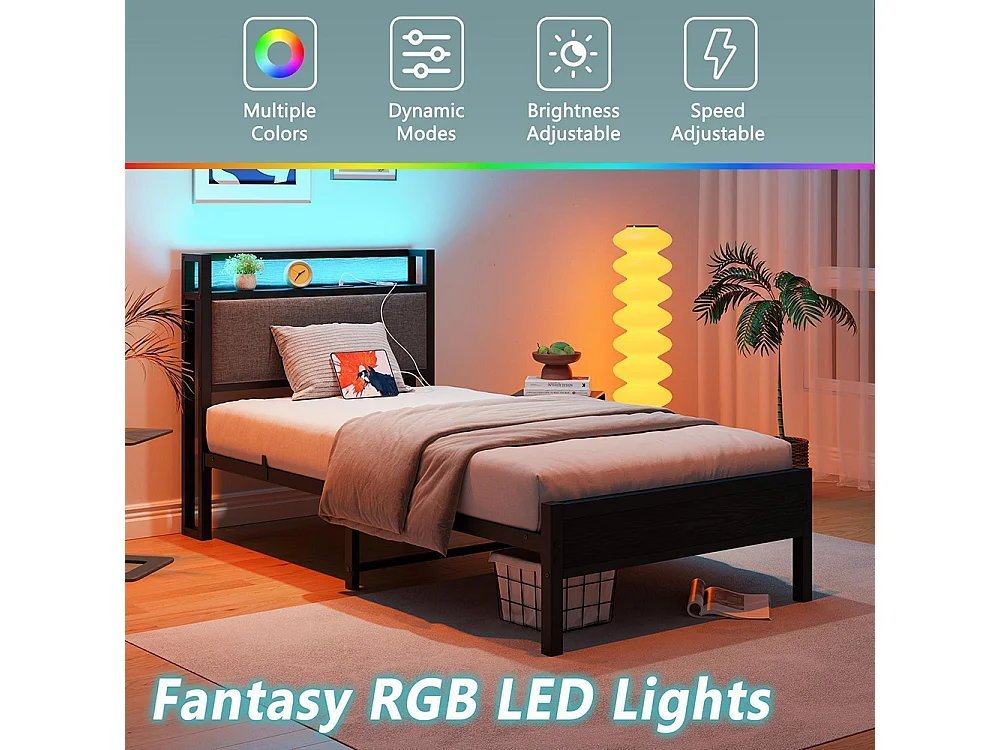 Lit adulte avec éclairage LED intelligent et ports USB, structure métallique, noir - 90 x 200 cm