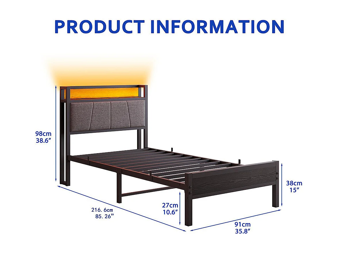 Lit adulte avec éclairage LED intelligent et ports USB, structure métallique, noir - 90 x 200 cm