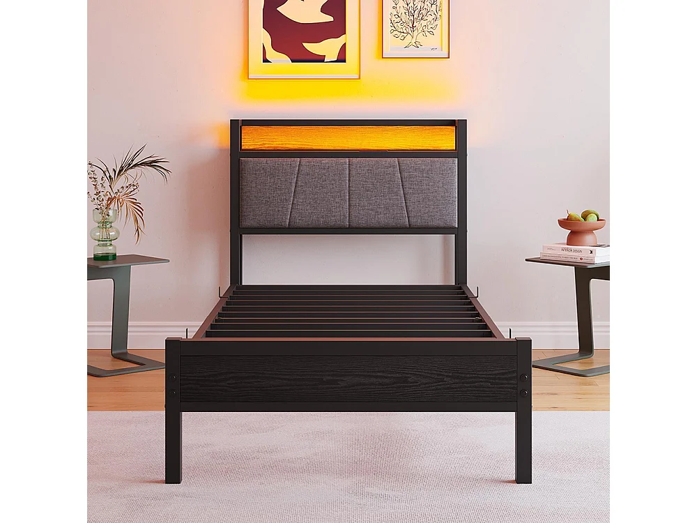 Lit adulte avec éclairage LED intelligent et ports USB, structure métallique, noir - 90 x 200 cm