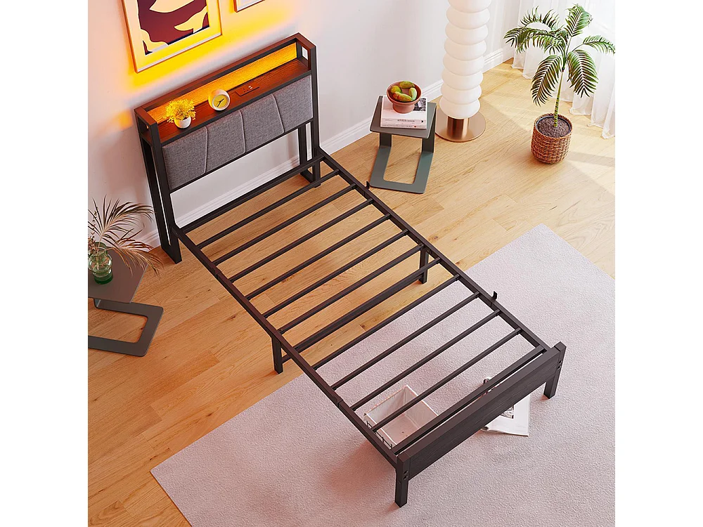 Lit adulte avec éclairage LED intelligent et ports USB, structure métallique, noir - 90 x 200 cm