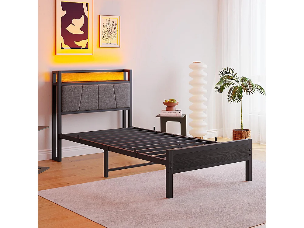 Lit adulte avec éclairage LED intelligent et ports USB, structure métallique, noir - 90 x 200 cm