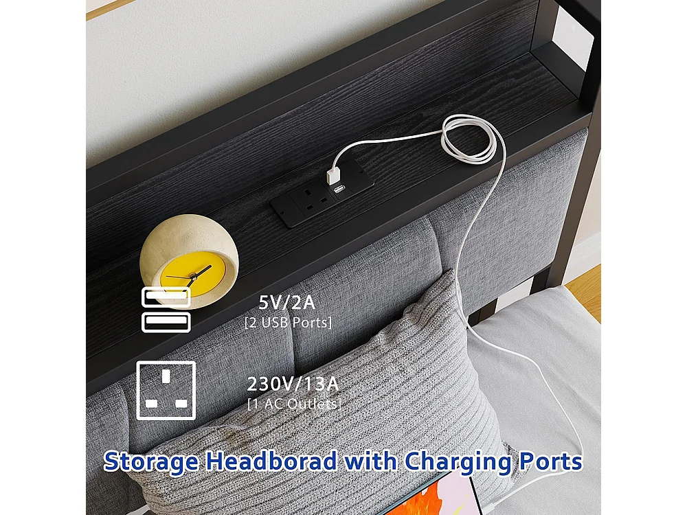 Lit adulte avec éclairage LED intelligent et ports USB, structure métallique, noir - 90 x 200 cm