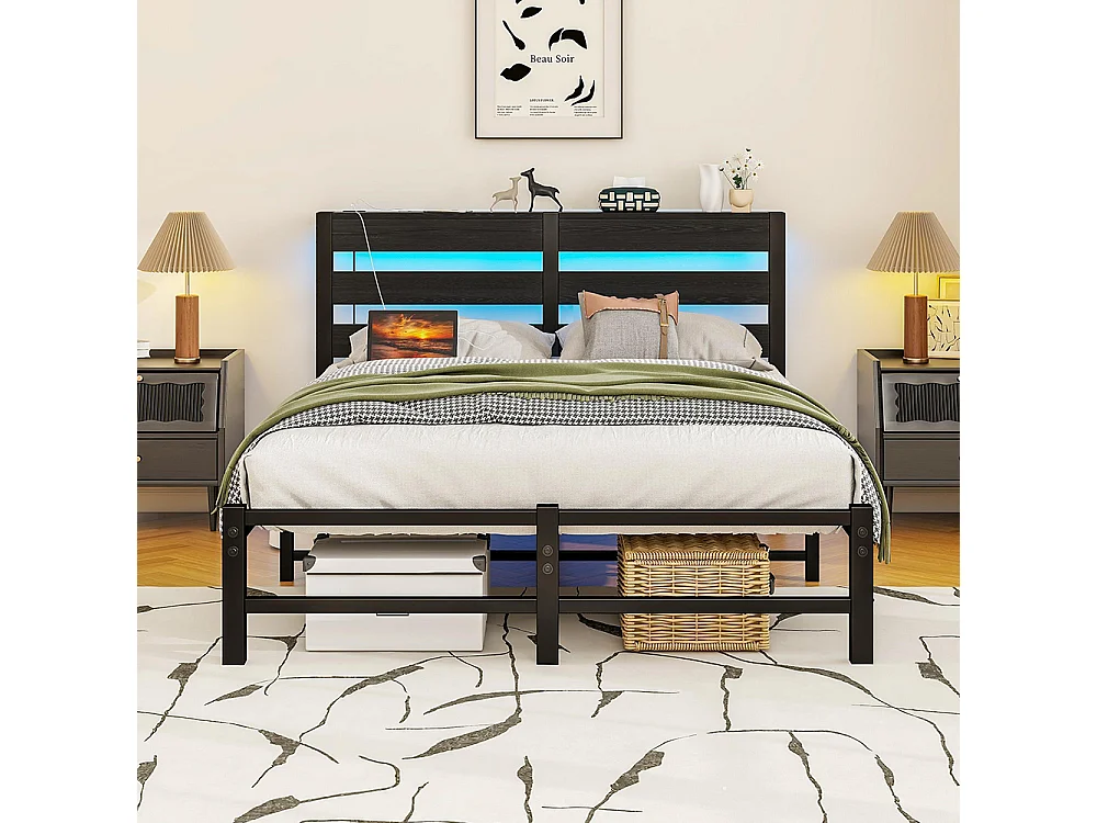 Lit adulte, avec éclairage LED et station de recharge USB, structure métallique, matelas non inclus, noir - 120 x 200 cm
