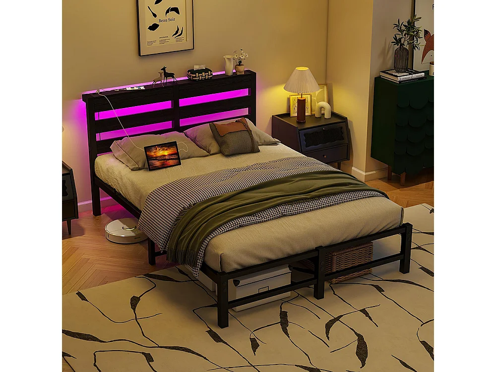 Lit adulte, avec éclairage LED et station de recharge USB, structure métallique, matelas non inclus, noir - 120 x 200 cm