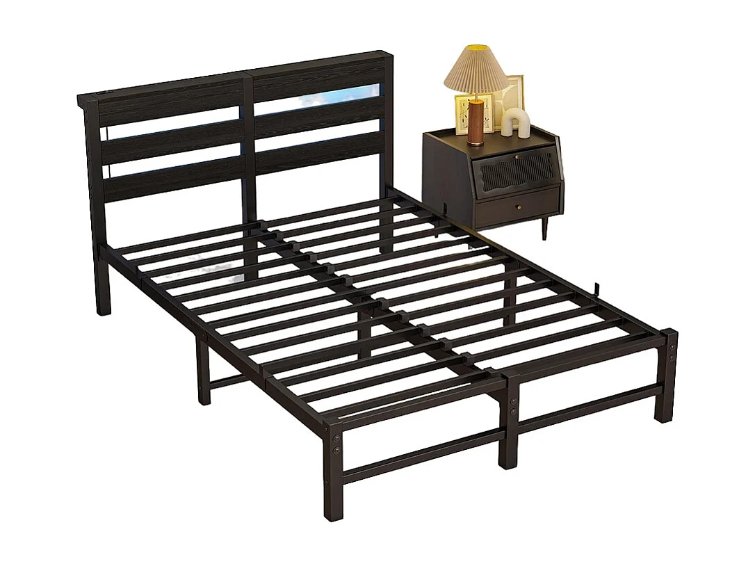 Lit adulte, avec éclairage LED et station de recharge USB, structure métallique, matelas non inclus, noir - 120 x 200 cm
