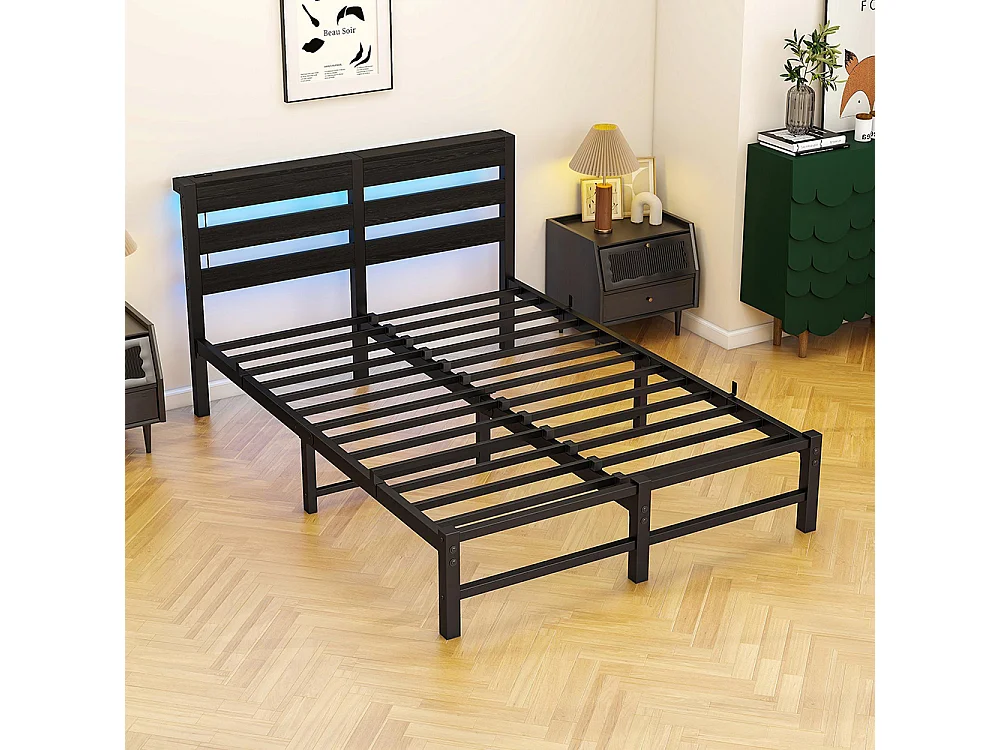 Lit adulte, avec éclairage LED et station de recharge USB, structure métallique, matelas non inclus, noir - 120 x 200 cm