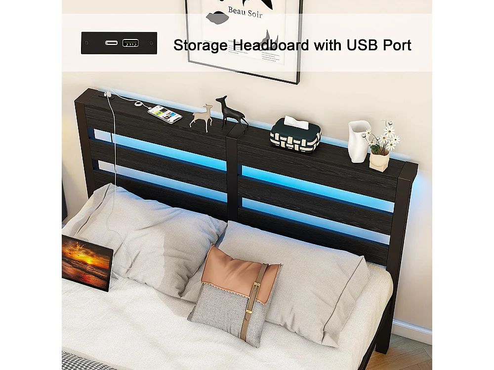 Lit adulte, avec éclairage LED et station de recharge USB, structure métallique, matelas non inclus, noir - 120 x 200 cm