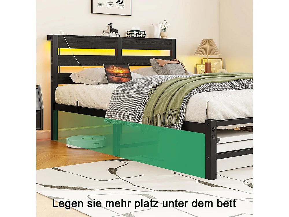 Lit adulte, avec éclairage LED et station de recharge USB, structure métallique, matelas non inclus, noir - 120 x 200 cm