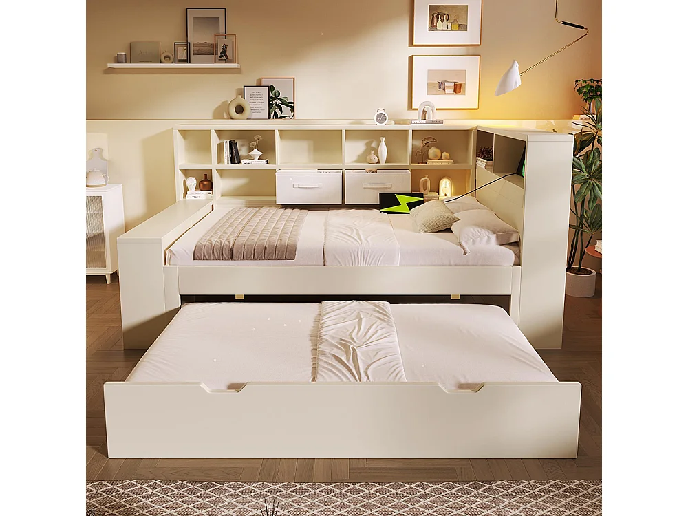 Slaapbank, met uitschuifbed, opbergplank aan drie zijden en geïntegreerde USB/Type-C-oplaadpoorten, wit - 90x200