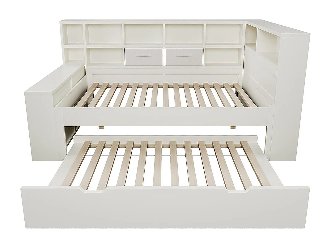 Slaapbank, met uitschuifbed, opbergplank aan drie zijden en geïntegreerde USB/Type-C-oplaadpoorten, wit - 90x200