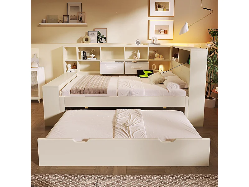 Canapé-lit, avec lit gigogne, étagère de rangement sur trois côtés et ports de recharge USB/Type-C intégrés, blanc - 90x200