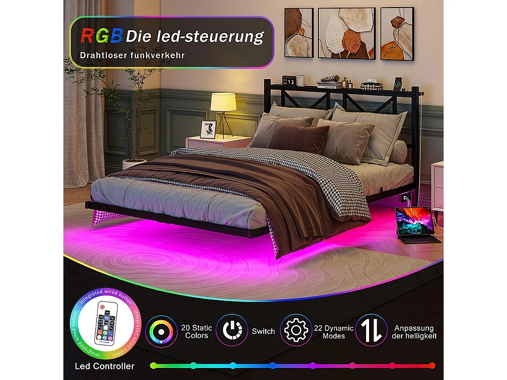 Cadre de lit double avec éclairage LED et station de recharge avec tête de lit, cadre de lit suspendu, métal - 140x200 cm