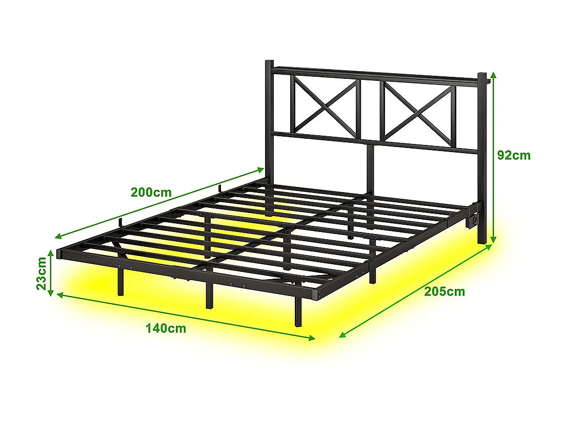 Cadre de lit double avec éclairage LED et station de recharge avec tête de lit, cadre de lit suspendu, métal - 140x200 cm