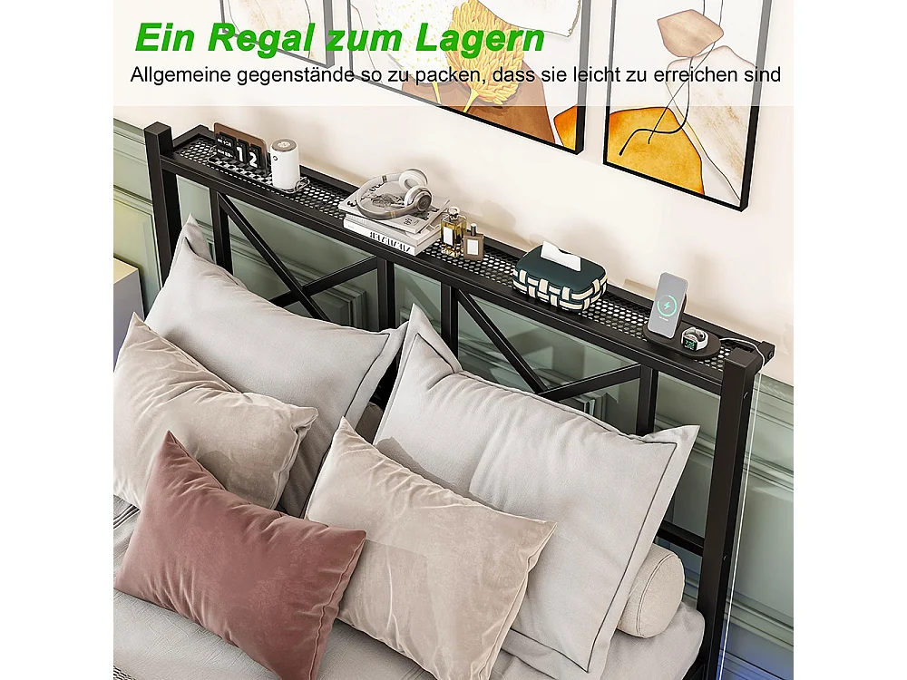 Cadre de lit double avec éclairage LED et station de recharge avec tête de lit, cadre de lit suspendu, métal - 140x200 cm