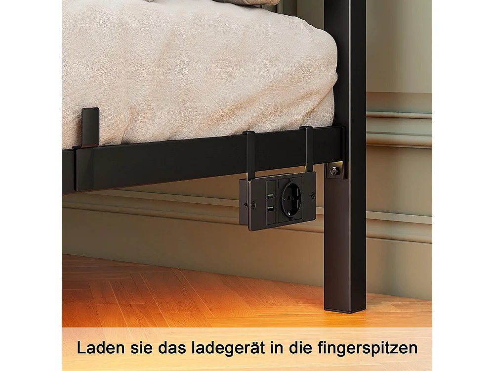 Cadre de lit double avec éclairage LED et station de recharge avec tête de lit, cadre de lit suspendu, métal - 140x200 cm