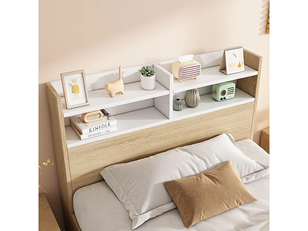 Kinderbed met twee lades en open opbergvakken, gedeeltelijk gemaakt van massief hout, afwerking wit/eiken - 90 x 190 cm