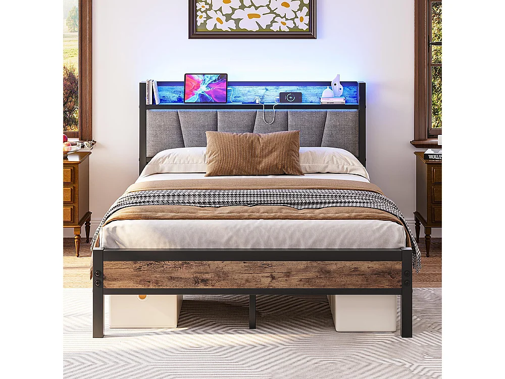 Lit adulte, avec éclairage LED intelligent, ports de recharge USB, structure métallique, marron-140 x 190 cm