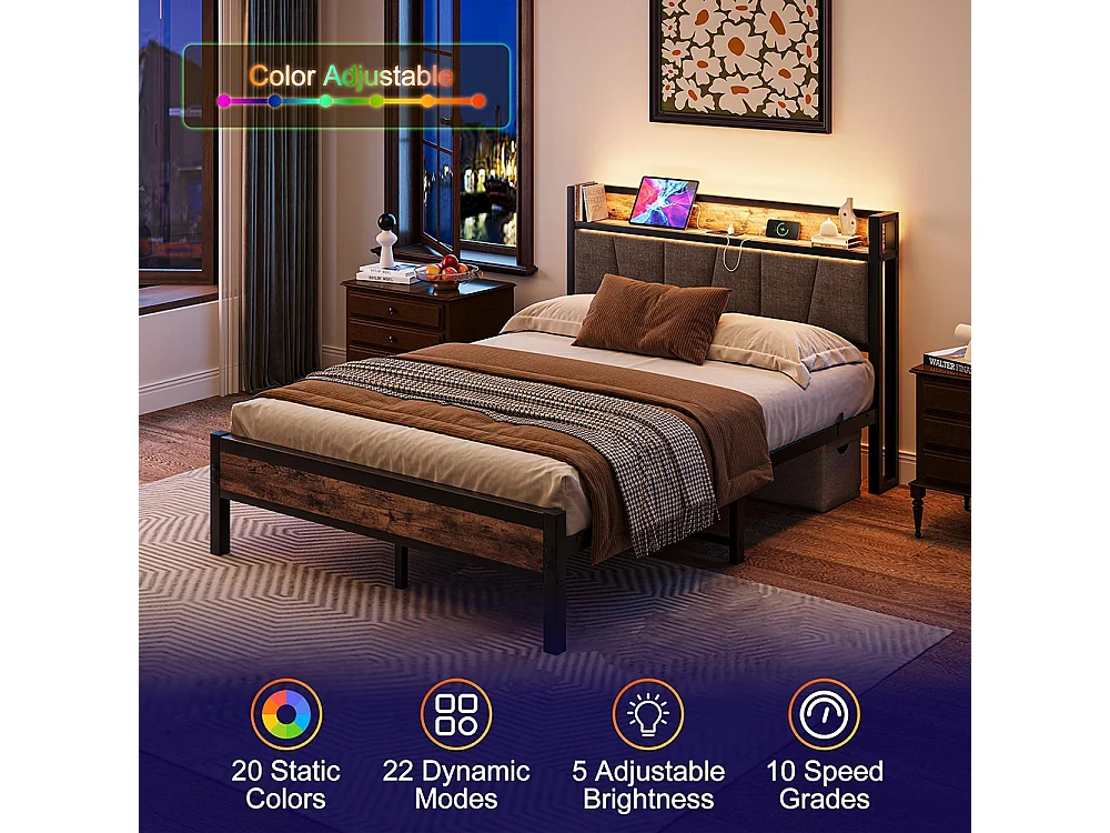 Lit adulte, avec éclairage LED intelligent, ports de recharge USB, structure métallique, marron-140 x 190 cm