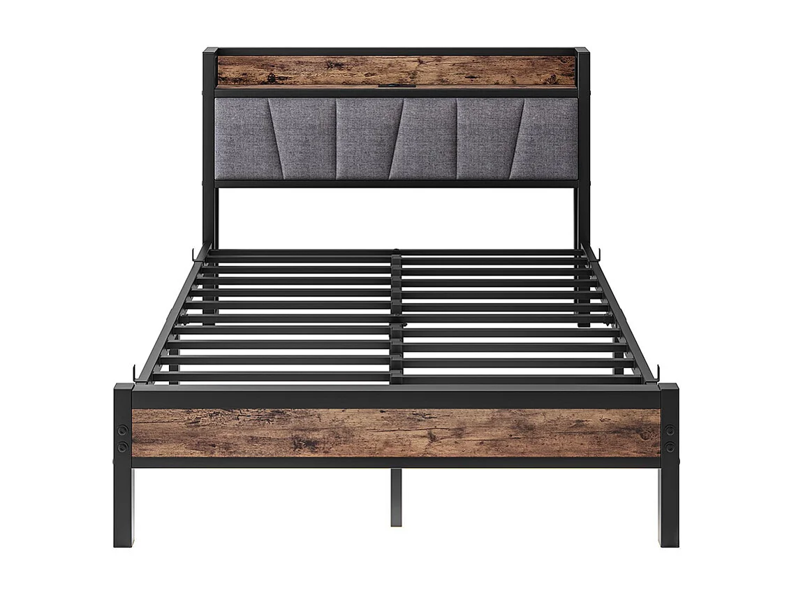 Lit adulte, avec éclairage LED intelligent, ports de recharge USB, structure métallique, marron-140 x 190 cm