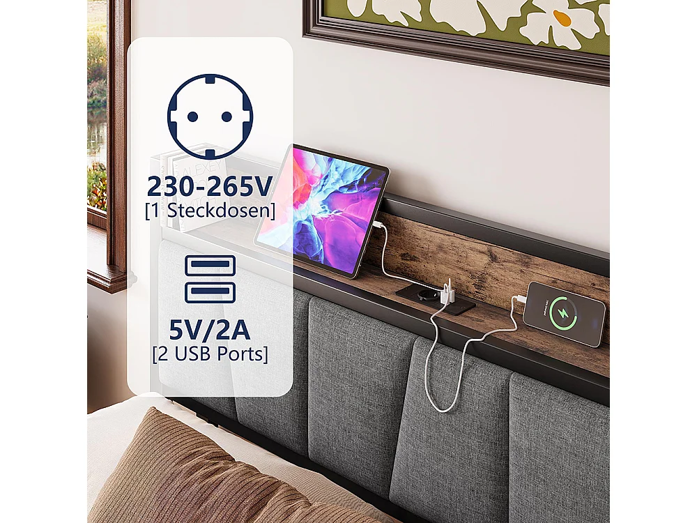 Lit adulte, avec éclairage LED intelligent, ports de recharge USB, structure métallique, marron-140 x 190 cm