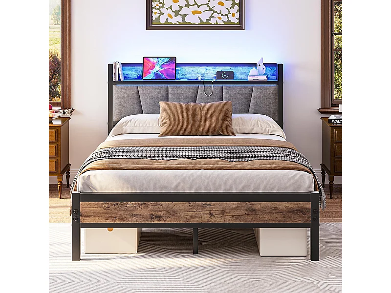 Lit adulte, avec éclairage LED intelligent, ports de recharge USB, structure métallique, marron-140 x 190 cm