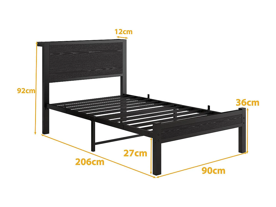 Lit adulte avec tête de lit coffre, fonctionnement silencieux, structure métallique, noir - 90 x 200 cm