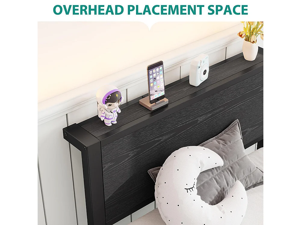 Lit adulte avec tête de lit coffre, fonctionnement silencieux, structure métallique, noir - 90 x 200 cm