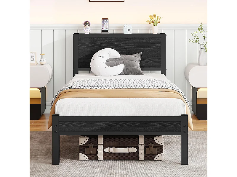 Lit adulte avec tête de lit coffre, fonctionnement silencieux, structure métallique, noir - 90 x 200 cm