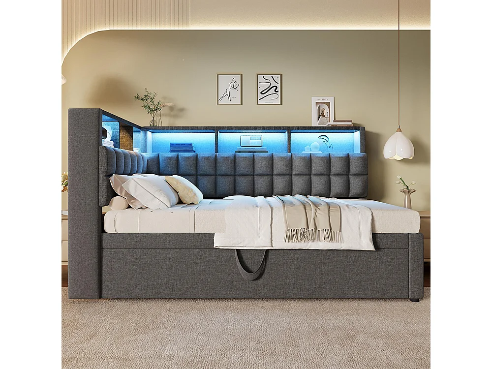 Lit rembourré 90x200 avec lit escamotable 90x190, LED, enceinte Bluetooth, ports de charge USB et Type-C, lin, matelas non inclus , gris