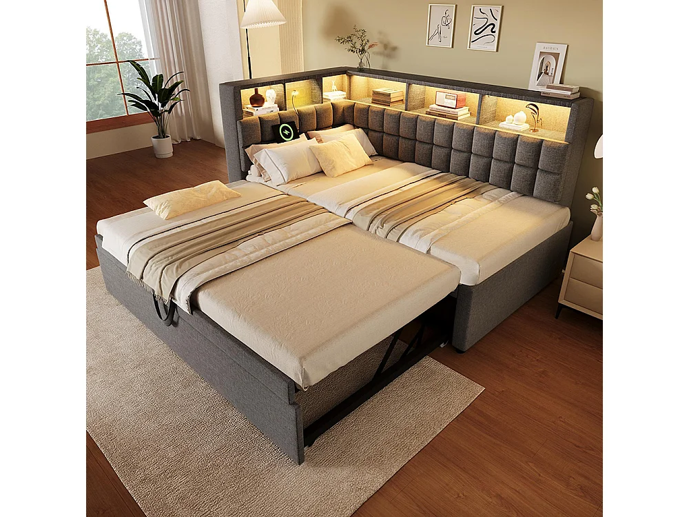Lit rembourré 90x200 avec lit escamotable 90x190, LED, enceinte Bluetooth, ports de charge USB et Type-C, lin, matelas non inclus , gris