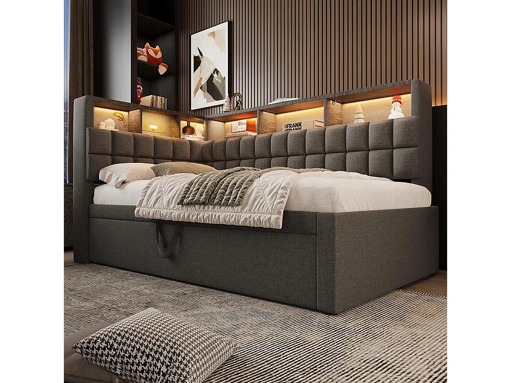 Lit rembourré 90x200 avec lit escamotable 90x190, LED, enceinte Bluetooth, ports de charge USB et Type-C, lin, matelas non inclus , gris