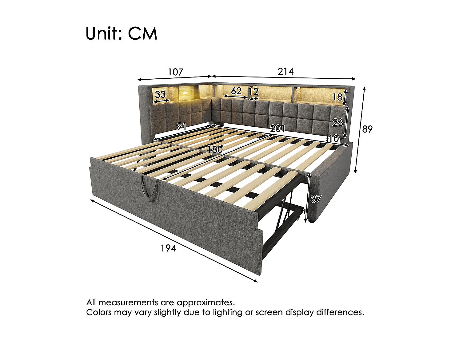 Lit rembourré 90x200 avec lit escamotable 90x190, LED, enceinte Bluetooth, ports de charge USB et Type-C, lin, matelas non inclus , gris