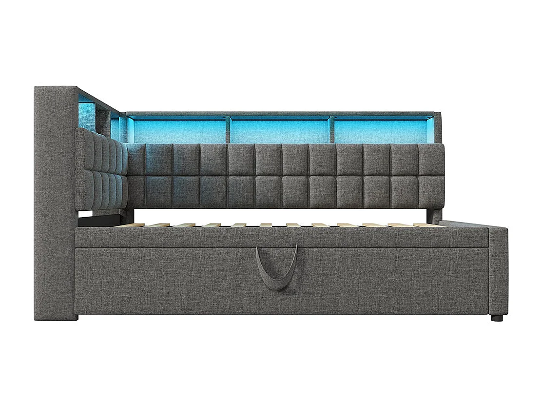 Lit rembourré 90x200 avec lit escamotable 90x190, LED, enceinte Bluetooth, ports de charge USB et Type-C, lin, matelas non inclus , gris