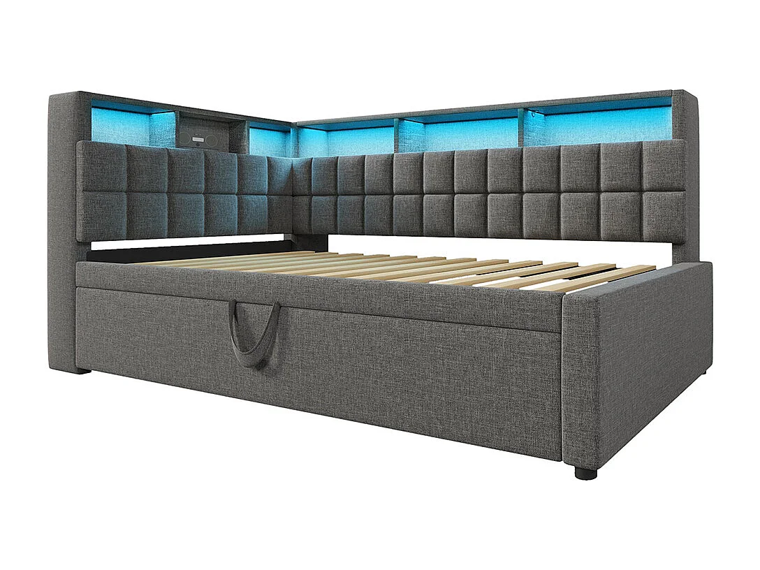 Lit rembourré 90x200 avec lit escamotable 90x190, LED, enceinte Bluetooth, ports de charge USB et Type-C, lin, matelas non inclus , gris