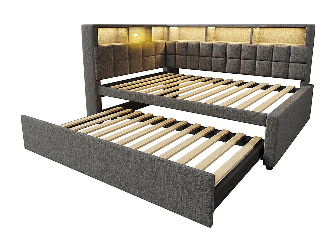 Lit rembourré 90x200 avec lit escamotable 90x190, LED, enceinte Bluetooth, ports de charge USB et Type-C, lin, matelas non inclus , gris
