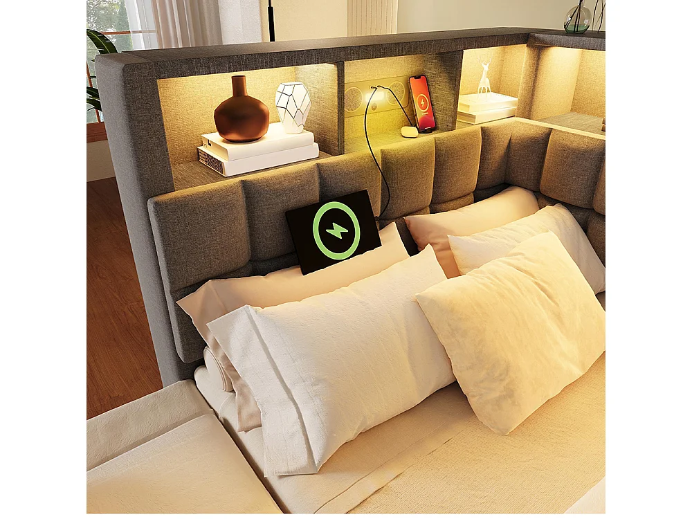 Lit rembourré 90x200 avec lit escamotable 90x190, LED, enceinte Bluetooth, ports de charge USB et Type-C, lin, matelas non inclus , gris