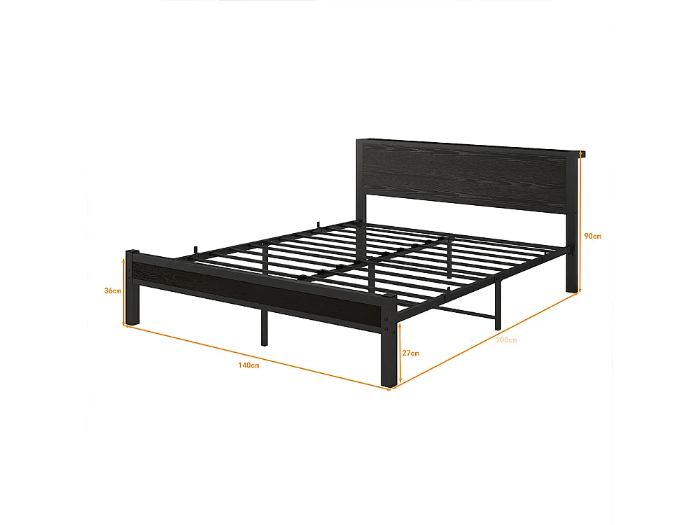 Lit adulte avec tête de lit coffre, fonctionnement silencieux, structure métallique, noir - 140 x 200 cm
