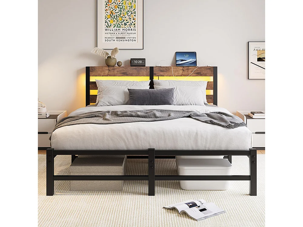 Lit adulte, avec éclairage LED et station de recharge USB, structure métallique, matelas non inclus, marron - 140 x 190 cm
