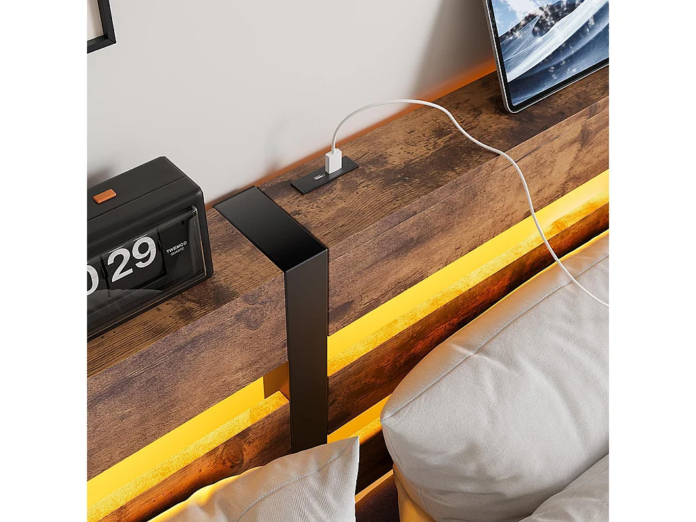 Lit adulte, avec éclairage LED et station de recharge USB, structure métallique, matelas non inclus, marron - 140 x 190 cm